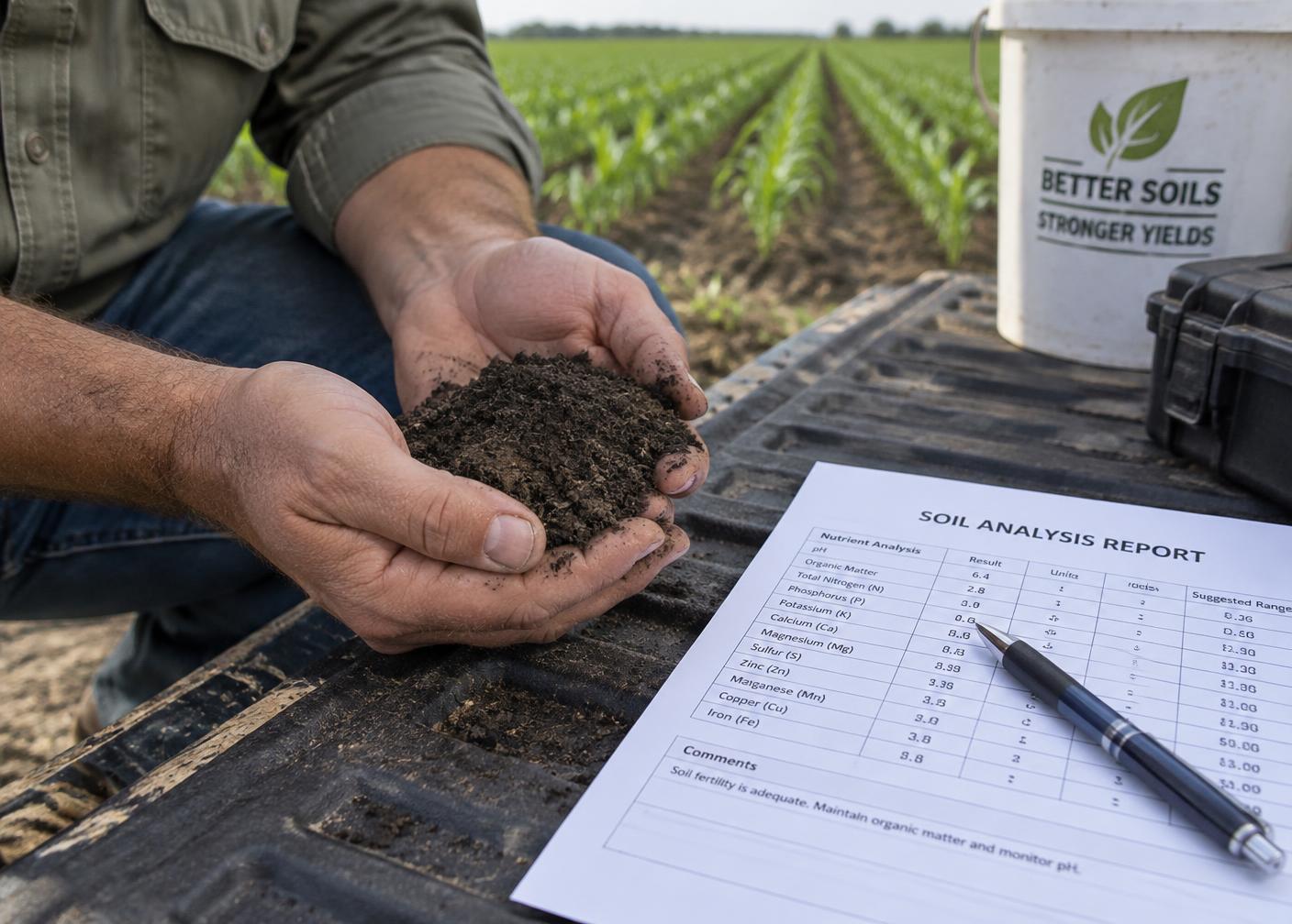 Agrônomo com amostra de solo ao lado de laudo de análise