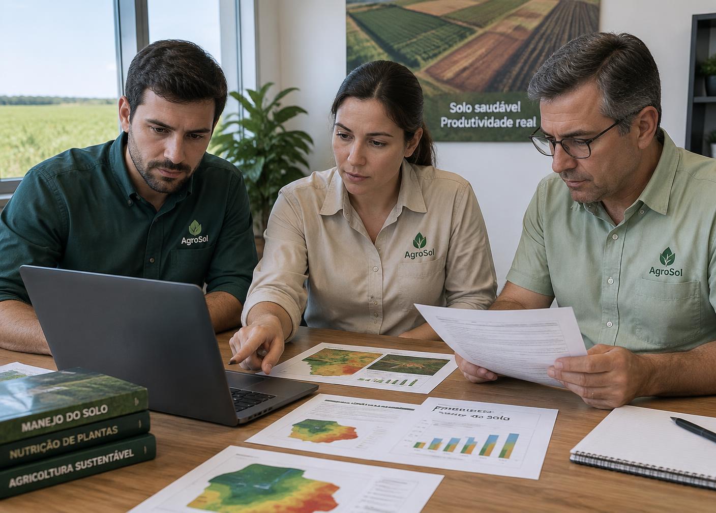 Equipe técnica analisando mapas de fertilidade e relatórios